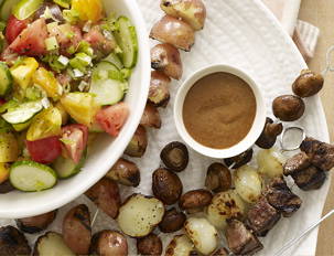 “Not Yet Ready for Stew” Kebabs and “Not Ready to Say Goodbye to Summer Tomatoes” Salad