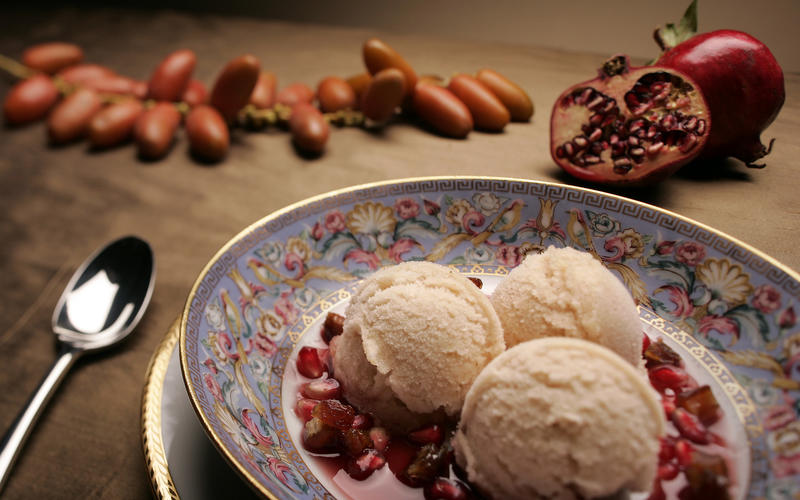 Apple and honey sorbet with pomegranate sauce