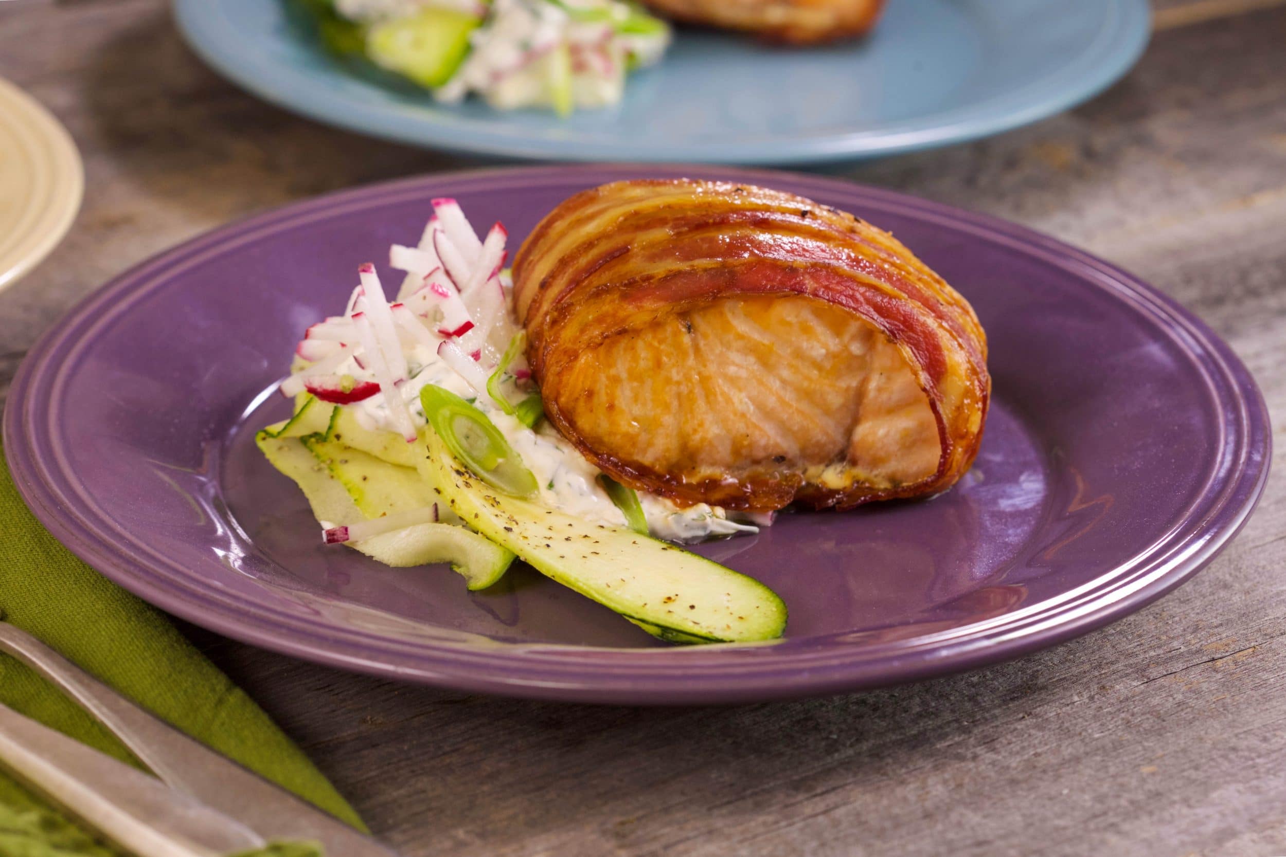 Bacon-Wrapped Salmon Filets with Ranch Sour Cream and Radishes