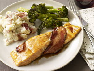 Bacon-Wrapped Salmon with Broccoli and Mashed Potatoes