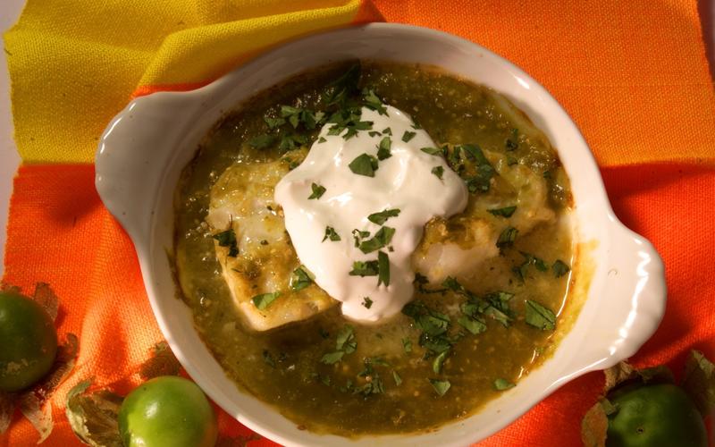 Baked Chilean sea bass with tomatillo sauce