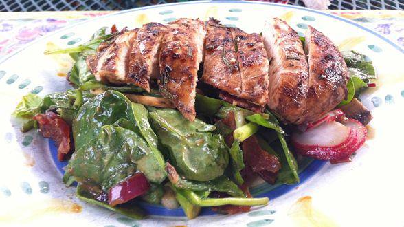 Balsamic Chicken Cutlet over Spinach Salad with Mushrooms, Bacon and Warm Shallot Dressing