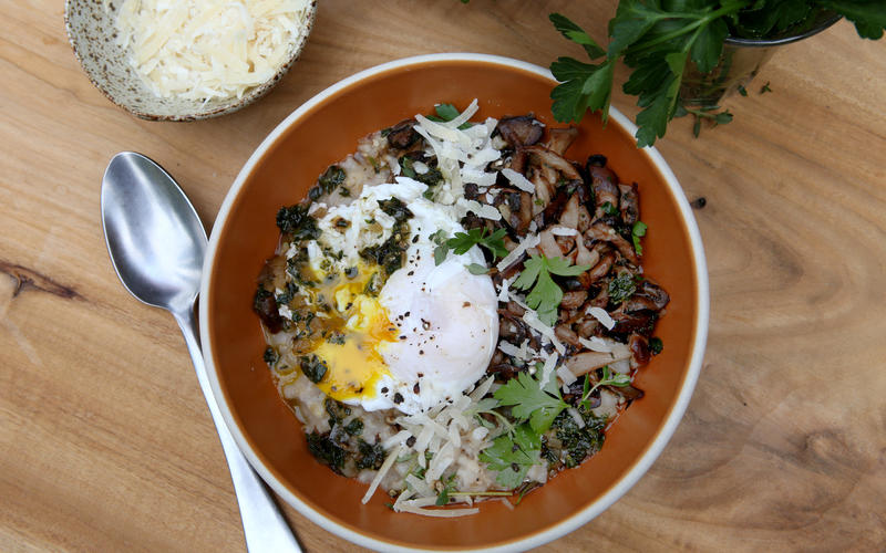 Barley porridge with mushrooms, herbs and poached egg