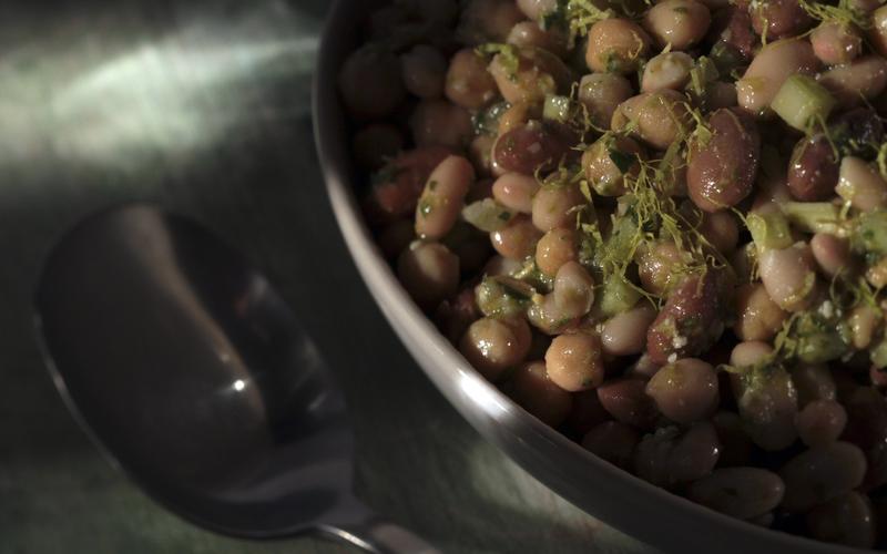 Bean salad with celery leaf pesto