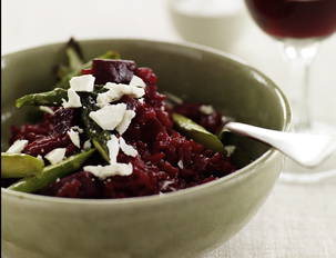 Beet Risotto with Roasted Asparagus and Ricotta Salata