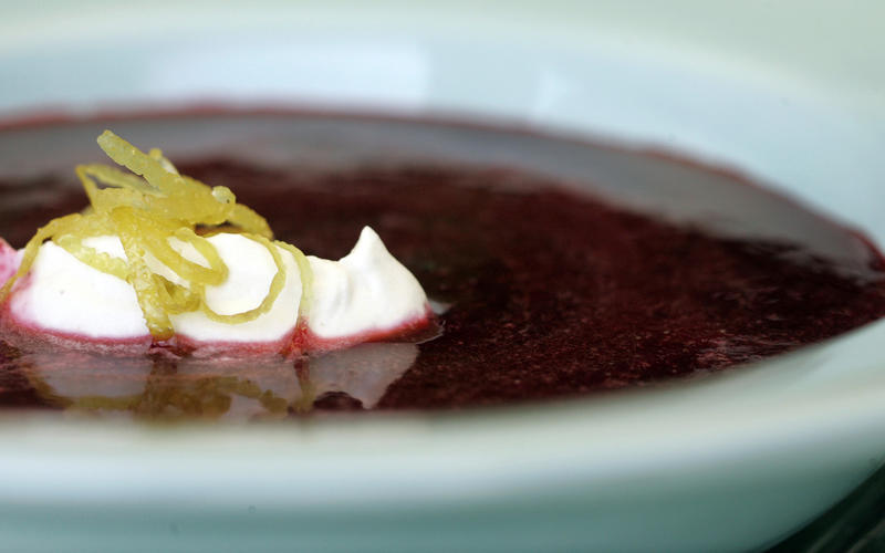 Blackberry soup with juniper cream and candied lemon peel