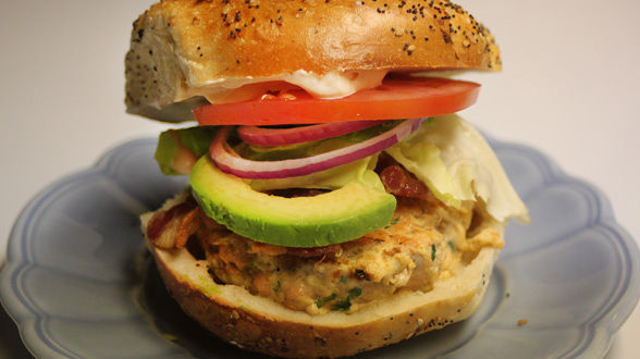 BLAST Burgers (Bacon, Lettuce, Avocado, Salmon and Tomato Burgers with Sriracha Aioli)