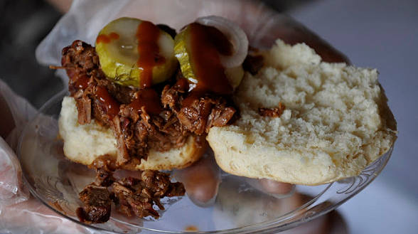 Brisket on a Biscuit with Smoky BBQ Sauce and Sweet ‘n Spicy Pickles