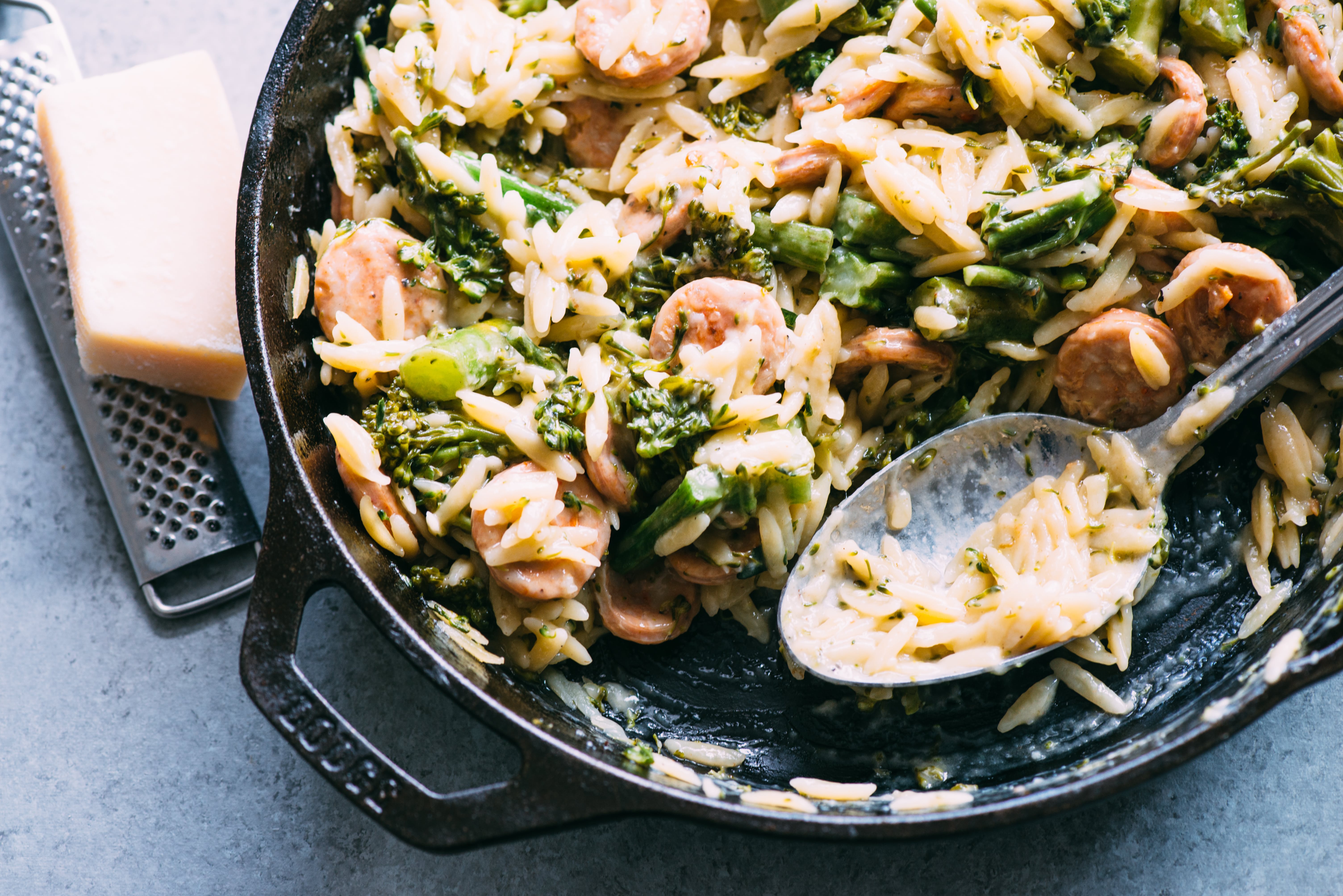 Broccolini, Chicken Sausage, and Orzo Skillet