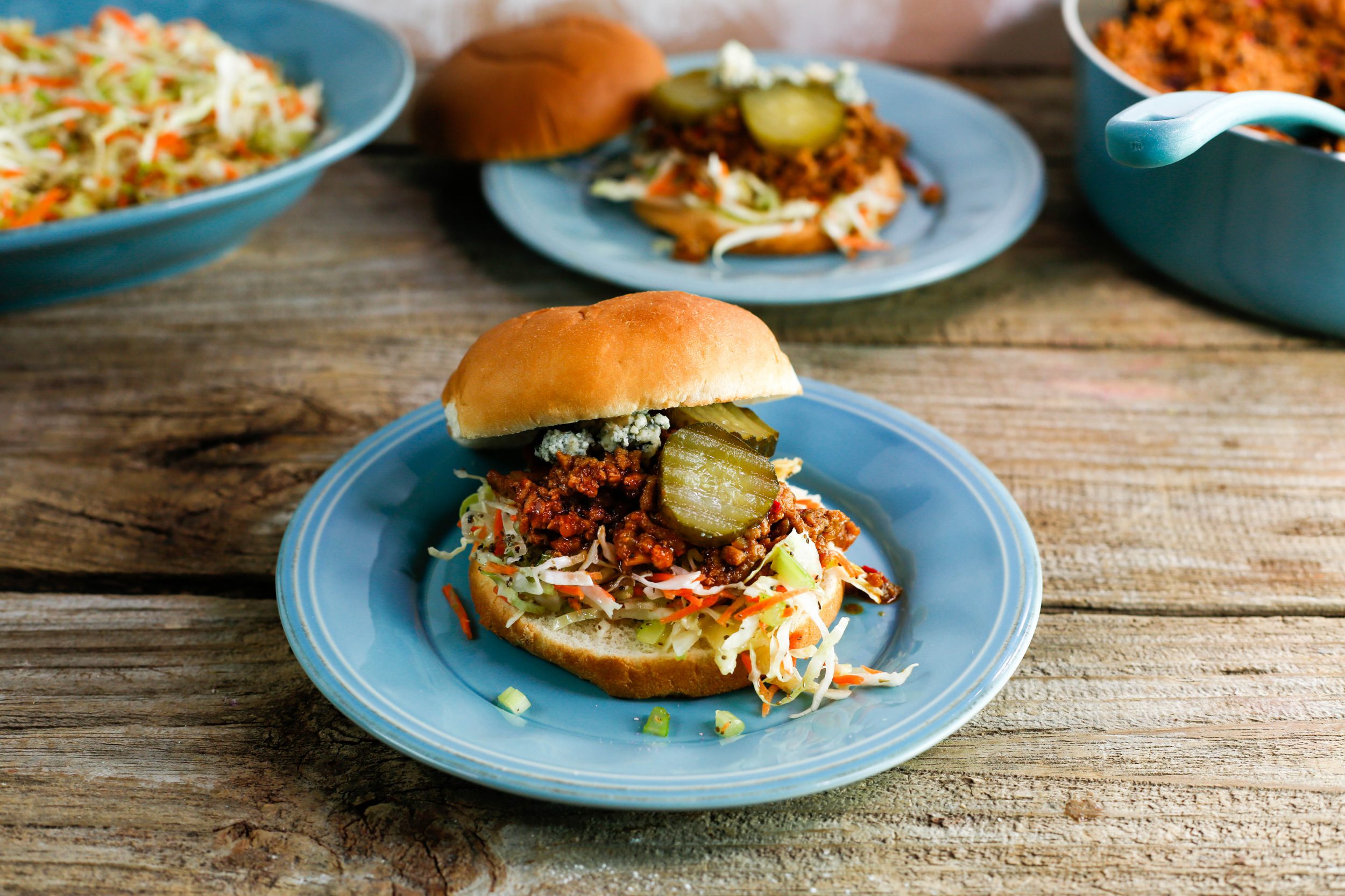Buffalo Joes with Blue Cheese and Carrot-Celery Slaw Relish