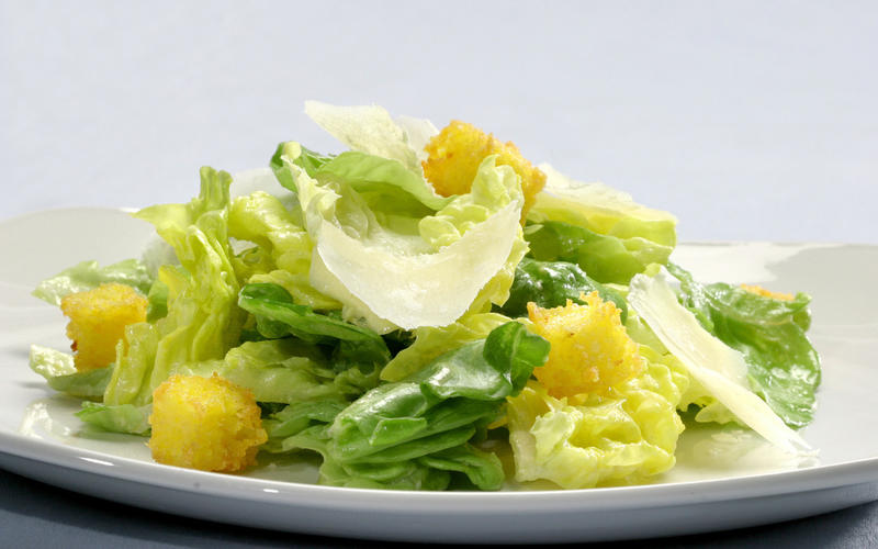 Butter lettuce with Parmigiano dressing and polenta croutons