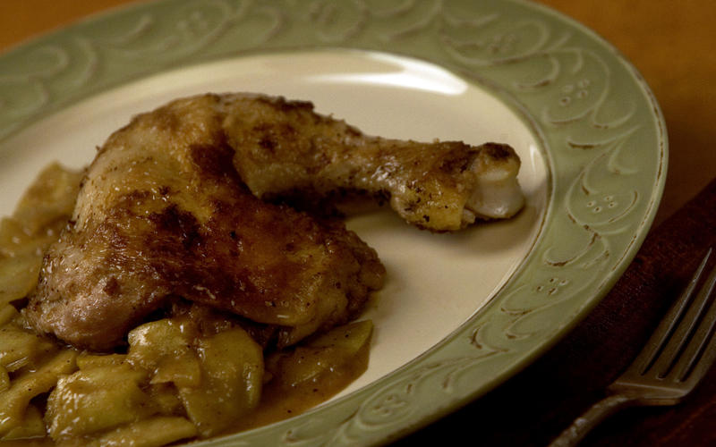 Calvados-braised chicken with apples