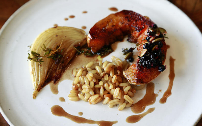 Caramelized winter squash with wheat berries, dried cherry relish and roasted onions