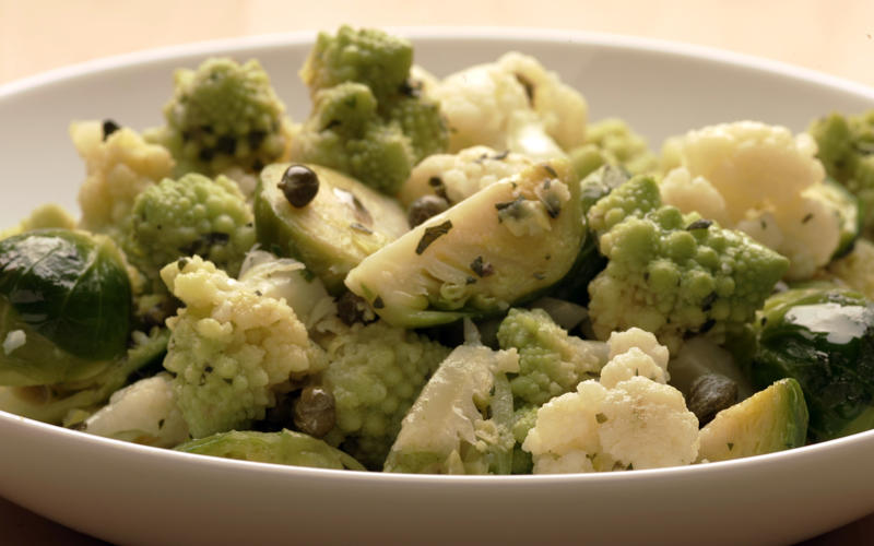 Cauliflower and Brussels sprouts salad with mustard-caper butter
