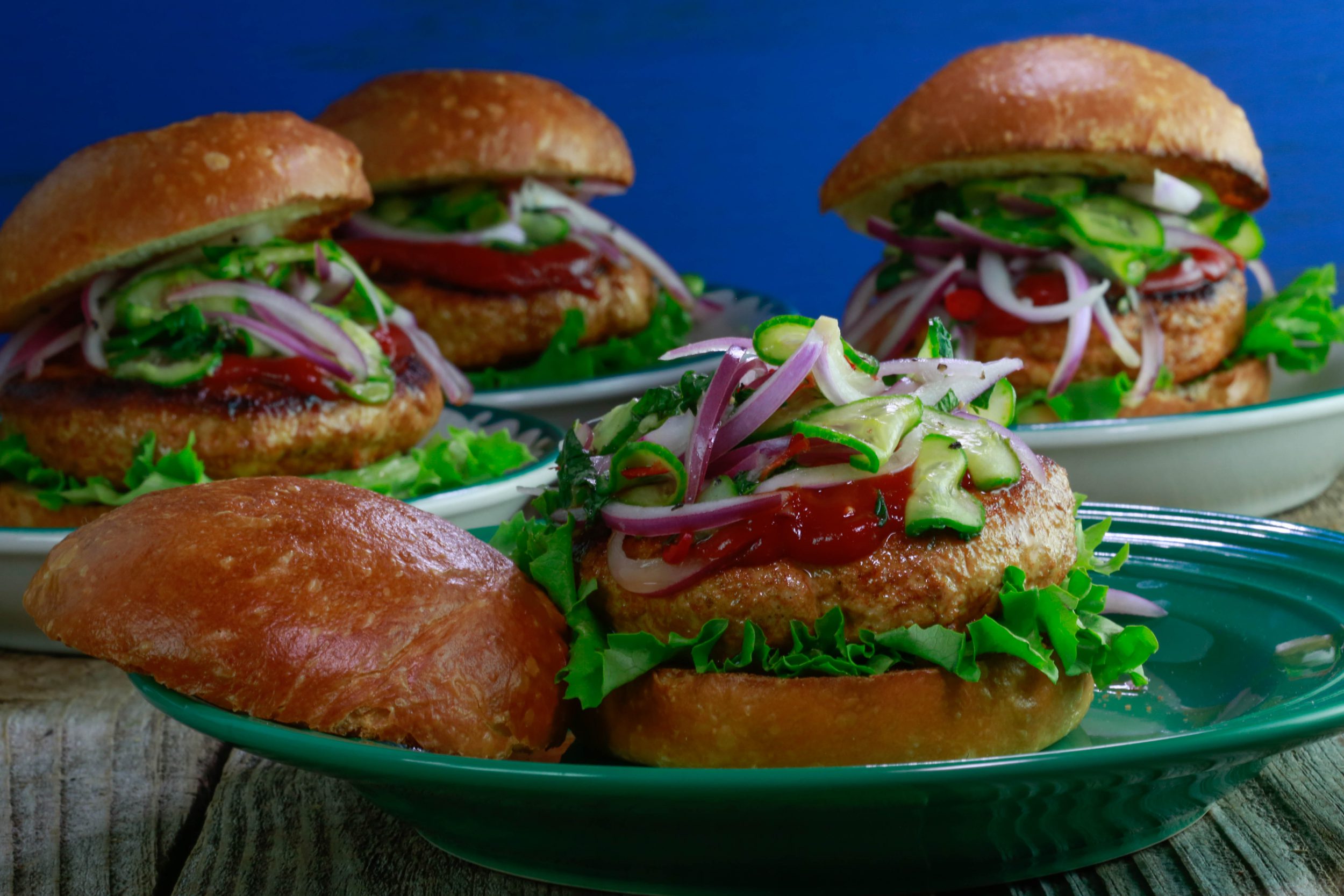 Chicken or Turkey Burgers with Quick Pickled Salad and Sriracha Ketchup