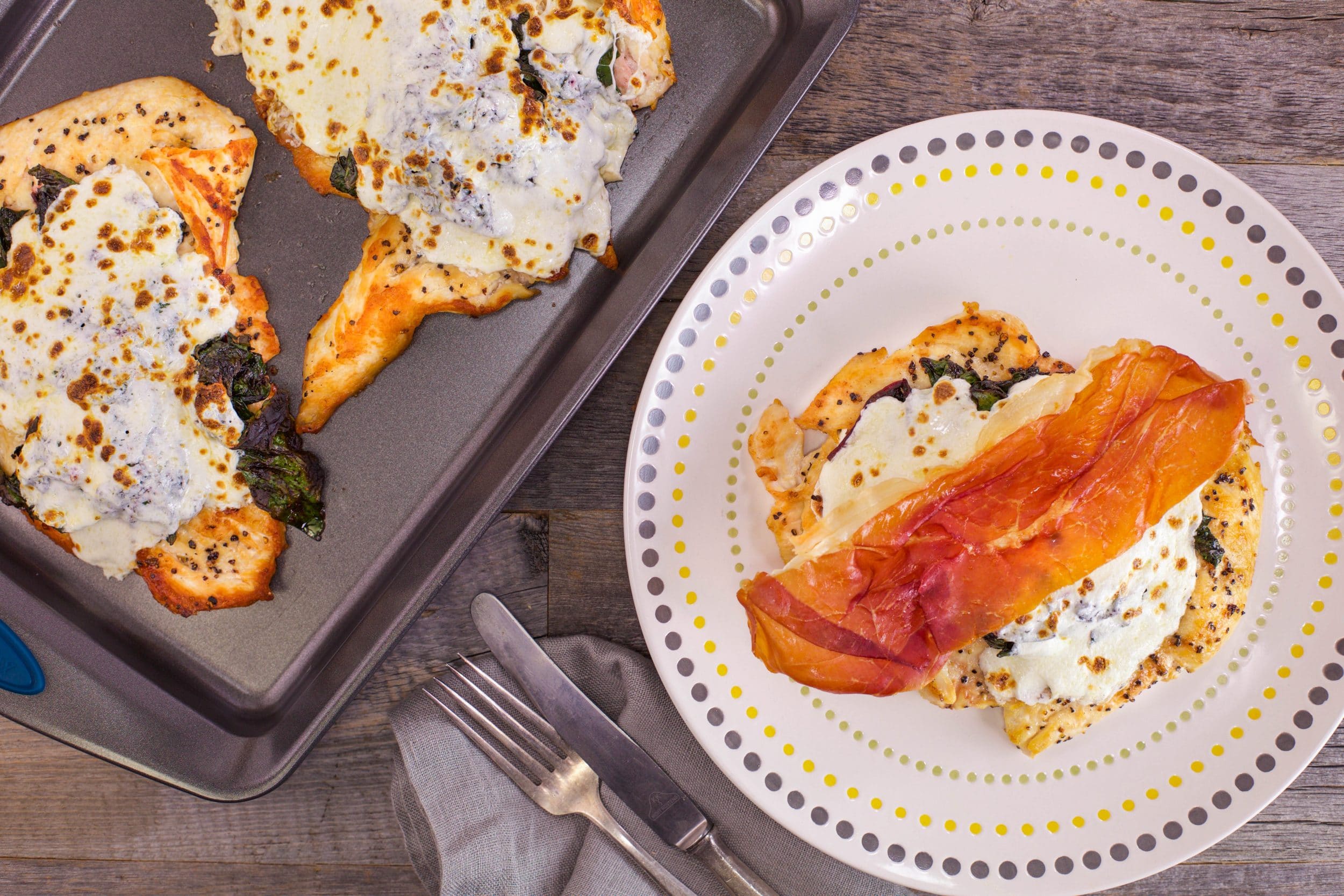 Chicken Paillard with Greens, Mozzarella and Crispy Prosciutto