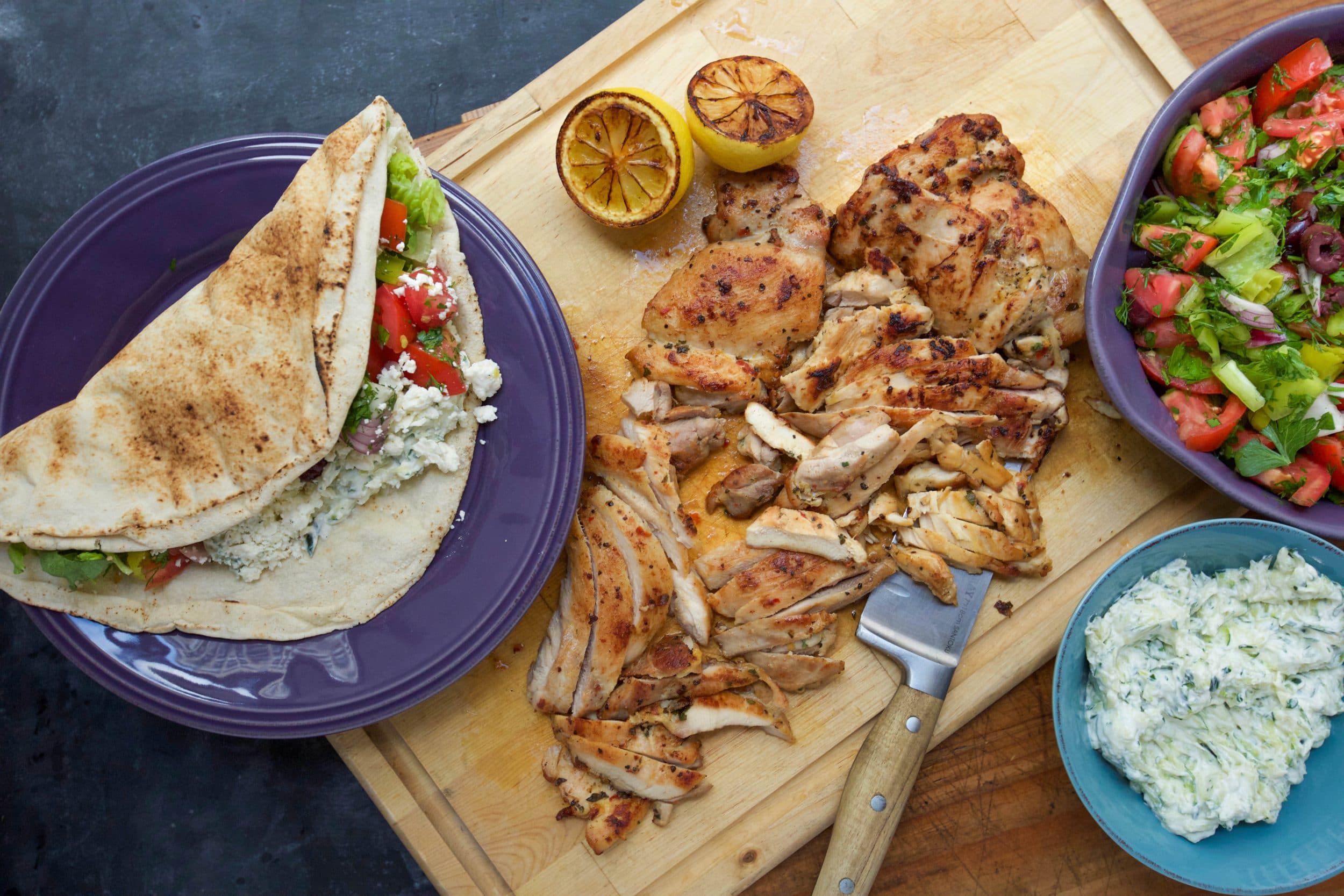 Chicken Pitas with Greek Salsa and Zucchini Tzatziki