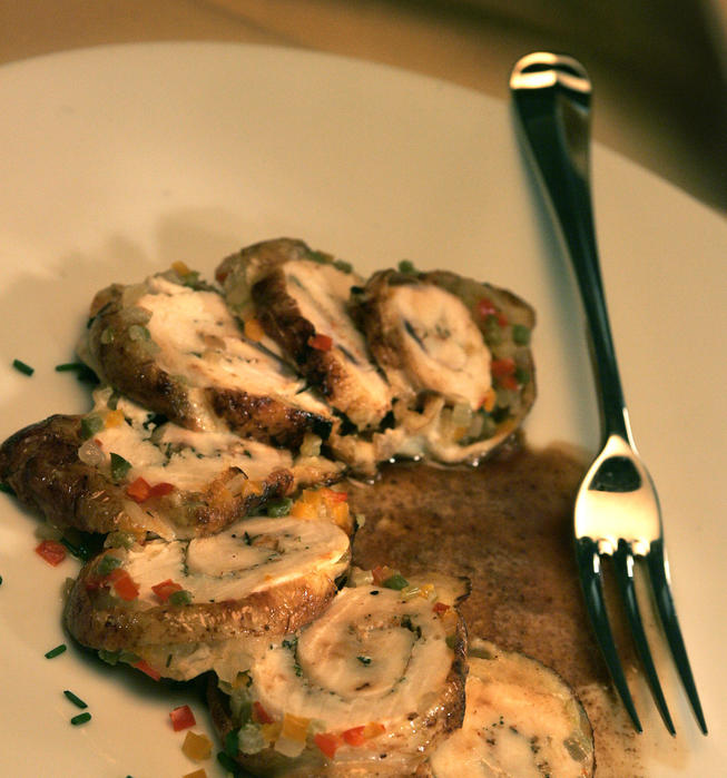 Chicken roulade with bell pepper mirepoix