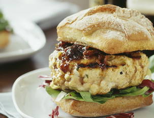 Chicken Sausage Burgers with Balsamic Onion Barbecue Sauce