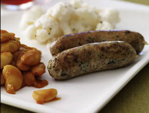 Chicken Sausages with BBQ Butter Beans and Cheddar Cauliflower