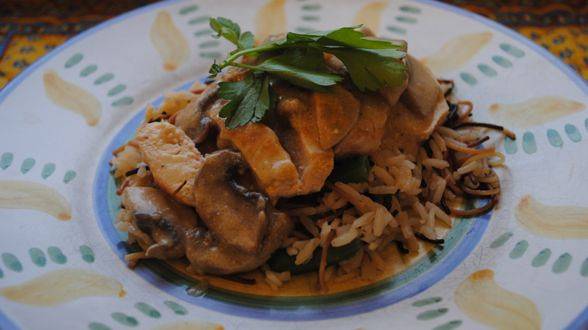 Chicken with Tarragon Cream and Green Bean Rice Pilaf