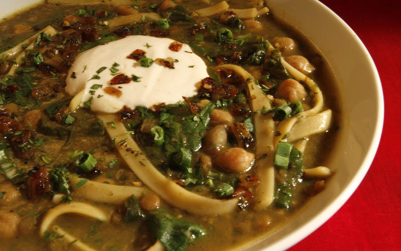 Chickpea and noodle soup with Persian herbs