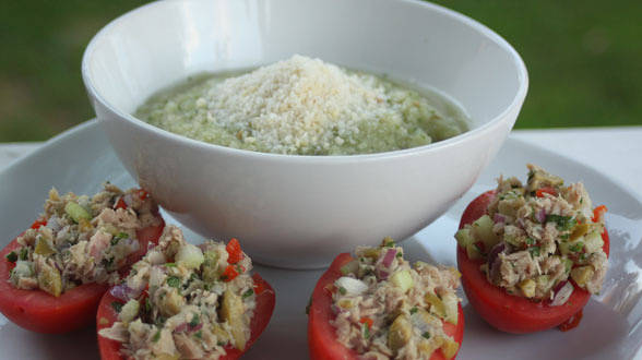 Chill Out, Spanish Style: Yellow Tomato Gazpacho, Toasted Almond Breadcrumbs, Tuna Salad Stuffed Piquillos or Plum Tomatoes