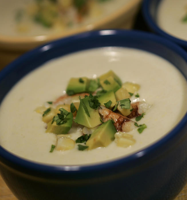 Chilled corn soup with avocado and crab