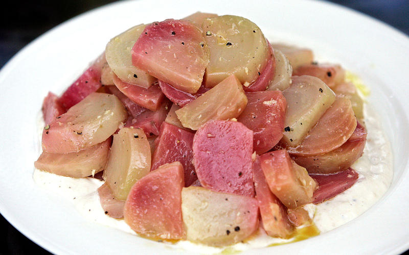 Chioggia beet salad with horseradish creme fraiche