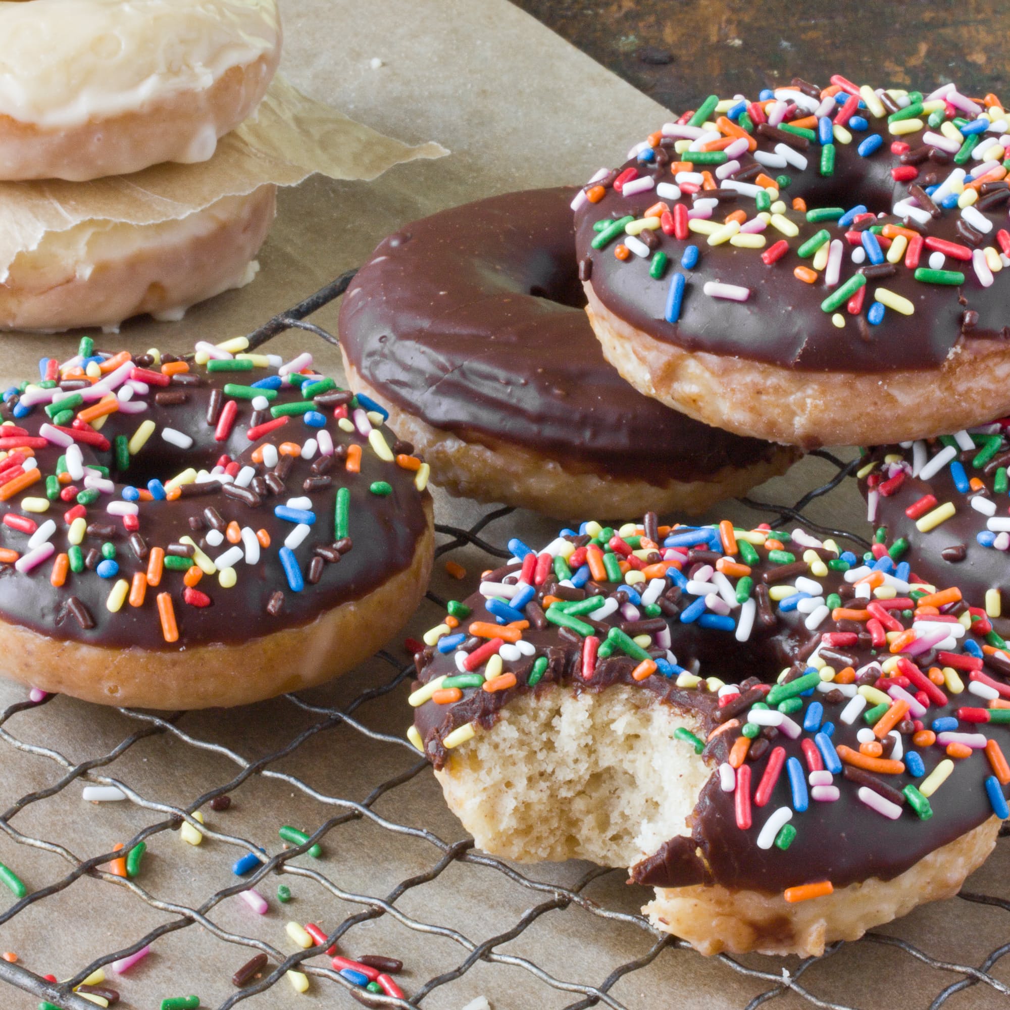 Chocolate-Glazed Baked Doughnuts with Sprinkles
