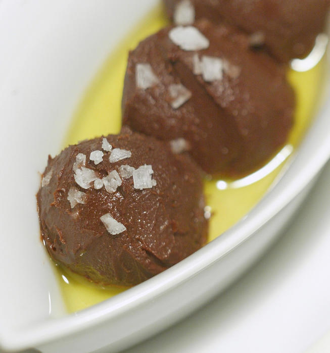 Chocolate mousses with olive oil and flaky salt