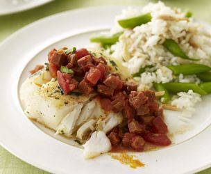Cod with Chorizo and Almond-Green Bean Rice