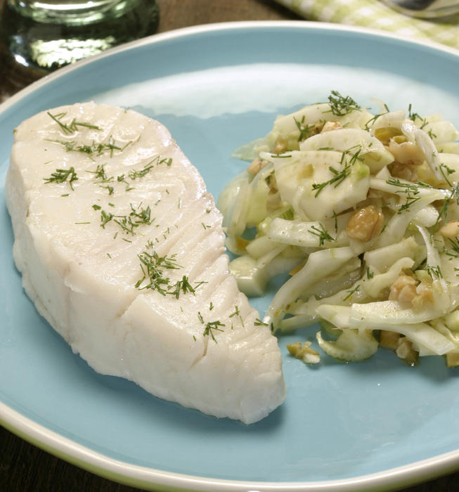 Cold-poached halibut with fennel-olive salad