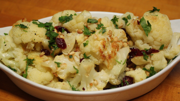 Coliflor con Anchoas: Roasted Cauliflower, Chiles, Anchovies, Pine Nuts