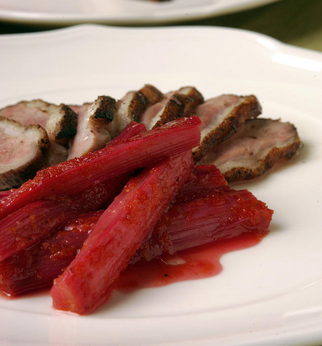 Crisp duck breast with rhubarb-ginger confit