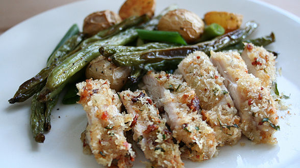 Crispy Bacon Breadcrumb Chicken and Roasted Smoky Green Beans and Potatoes