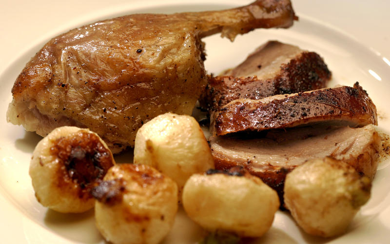 Crispy spiced duck with roasted baby turnips