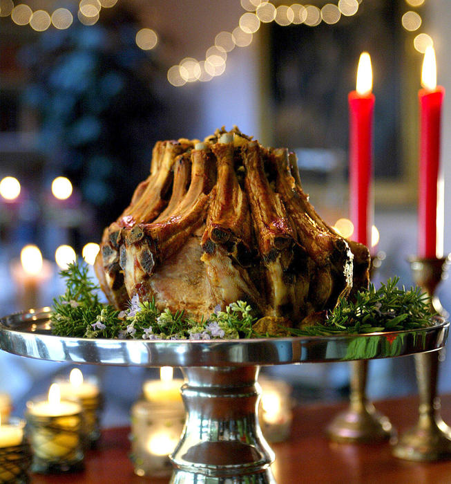 Crown roast of pork stuffed with wild rice and dried fruit