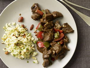 Curry Pepper Beef with Smoked Almond Pilaf