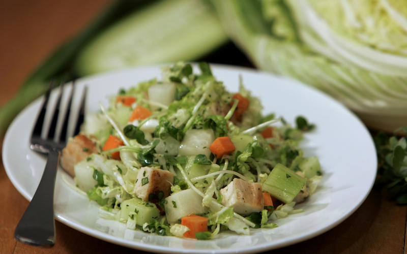 Daikon and grilled chicken chopped salad