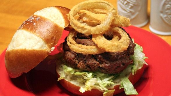 Deviled Burgers with Crispy “O” Rings and Spicy Ketchup