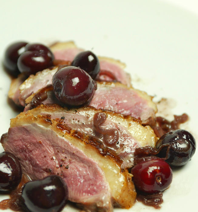 Duck breasts with pan-roasted cherries