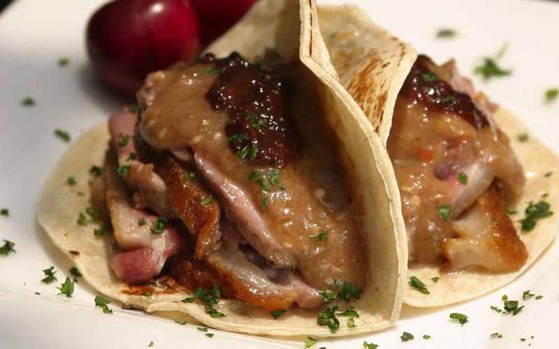 Duck tacos with chile-cherry compote