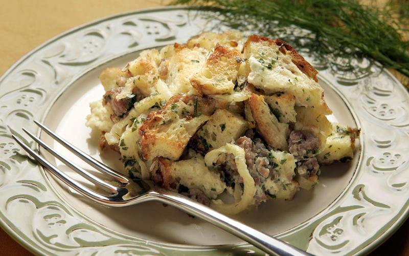 Fennel and sausage bread pudding