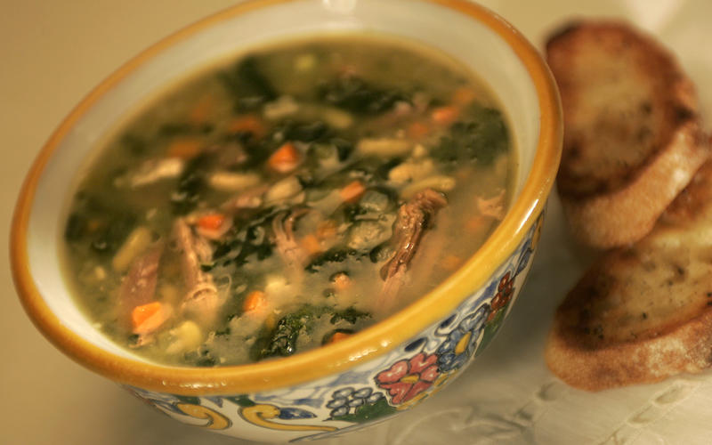 Flageolet bean, kale and duck soup