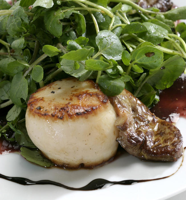 Foie gras and diver scallops with fig puree and watercress