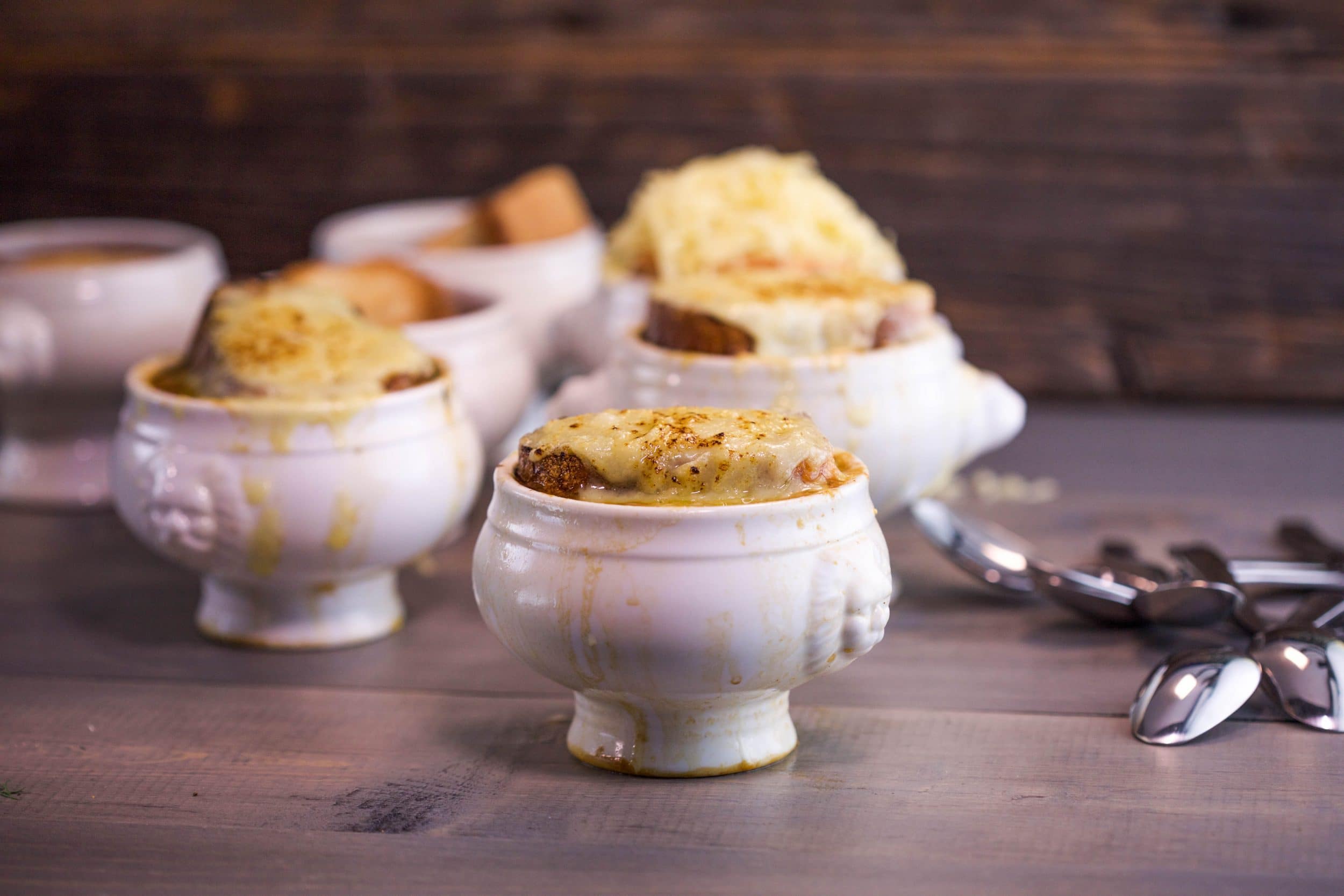 French Onion Soup with Roasted Garlic Croutons