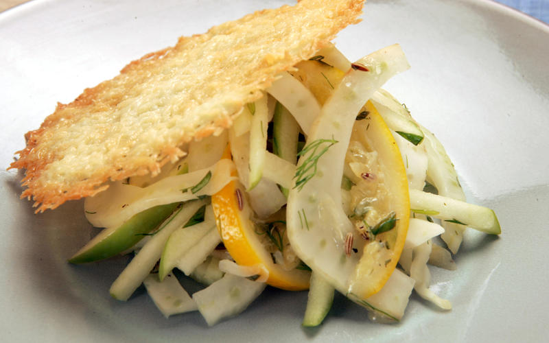 Frico with fennel-apple slaw