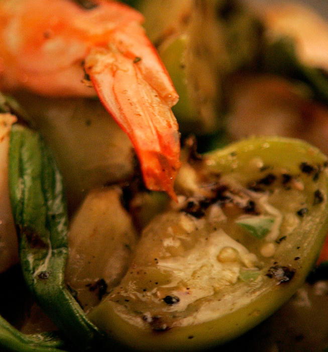 Garlic shrimp with grilled tomatillos