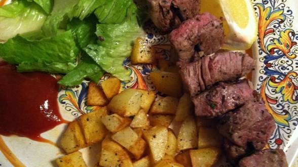 Garlicky Beef Skewers with Potato Hash and Spiked Ketchup